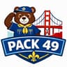 Pack 49 San Francisco logo: a bear cub scout saluting in front of the Golden Gate Bridge